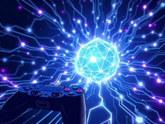 Illustration of the TokenPlay and 4AI partnership merging blockchain networks with AI for enhanced NFT and gaming utilities.