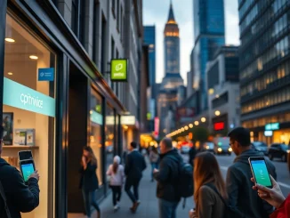 A city street scene illustrating digital payments and cashless-ready cities in the United States.