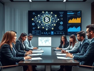 A team of lawyers discussing crypto and blockchain legal strategy in a modern office.
