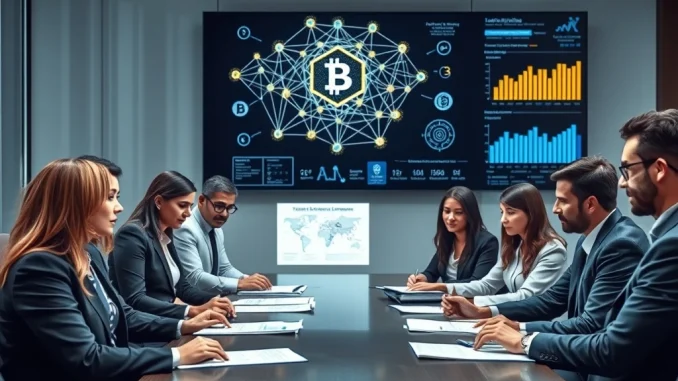 A team of lawyers discussing crypto and blockchain legal strategy in a modern office.