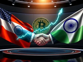 Bitcoin price surge chart over U.S.-India flags shaking hands, illustrating the crypto rebound from Trump tariffs deal.