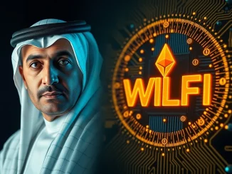Sheikh Tahnoon and WLFI crypto logo with AI chips, illustrating the UAE royal's $500M Trump-linked investment.