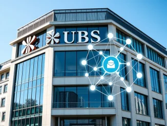 UBS headquarters with a digital overlay representing its cautious crypto and tokenization strategy for private banking.