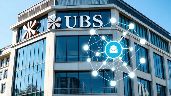 UBS headquarters with a digital overlay representing its cautious crypto and tokenization strategy for private banking.