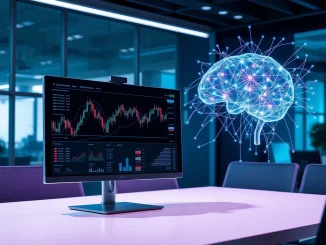 Visual representation of UnifAI and HyperGPT partnership for AI-driven DeFi automation, showing data analytics and neural networks.