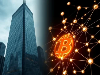Illustration contrasting centralized Wall Street control with decentralized Bitcoin network ownership.