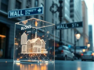 Conceptual image showing tokenization of traditional assets merging Wall Street finance with blockchain technology.