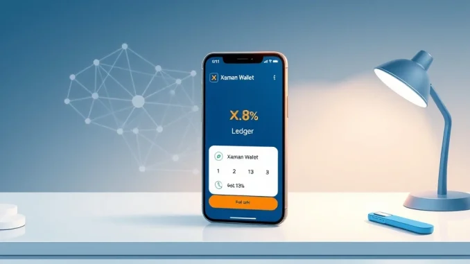 Smartphone showing Xaman Wallet interface with focus on the 0.8% fee for XRPL infrastructure.