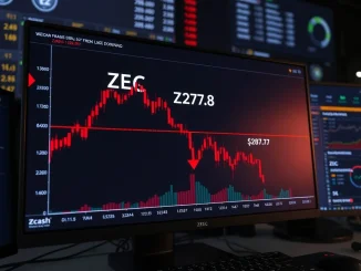 Zcash cryptocurrency price chart breaking below critical $287.78 support level indicating bear market conditions