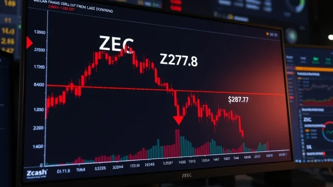 Zcash cryptocurrency price chart breaking below critical $287.78 support level indicating bear market conditions