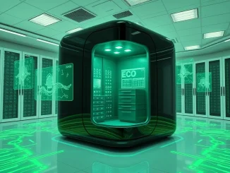 An eco-friendly ZKP crypto proof pod generating passive income with green energy in a modern data center.