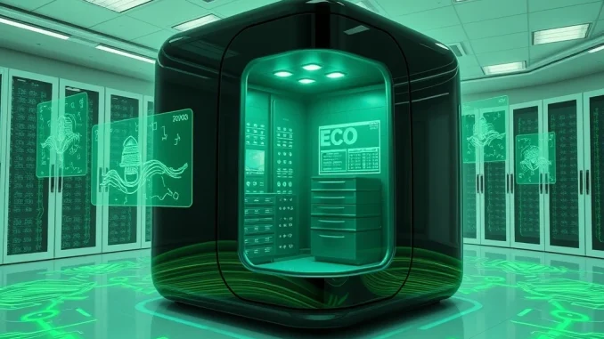 An eco-friendly ZKP crypto proof pod generating passive income with green energy in a modern data center.
