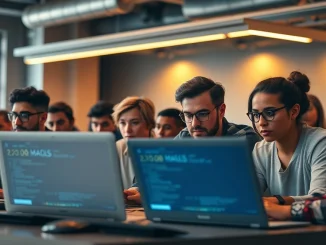 Developers collaborating at a blockchain hackathon event for tokenized assets.
