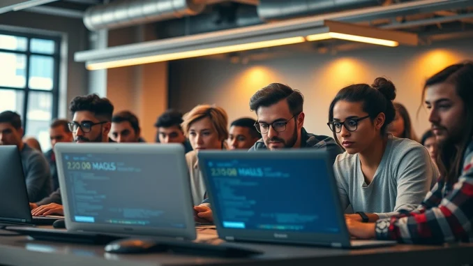 Developers collaborating at a blockchain hackathon event for tokenized assets.