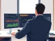 Financial analyst reviewing active crypto ETF strategies and market data on digital screens.