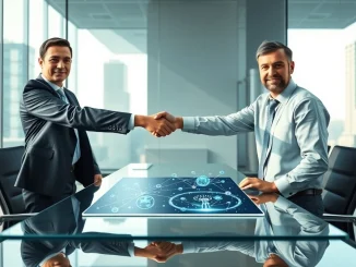 Business professionals shaking hands to seal the 4AI and ATT Global partnership for Web3 advertising.