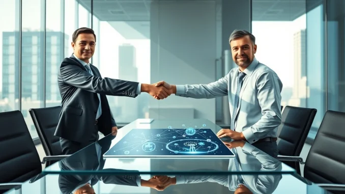 Business professionals shaking hands to seal the 4AI and ATT Global partnership for Web3 advertising.