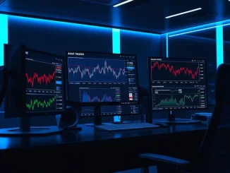 Analyst monitors AAVE token price and blockchain transfer data on trading desk screens.