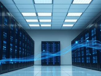 Data center server room with AI bot traffic streams representing Cloudflare CEO's prediction about web dominance
