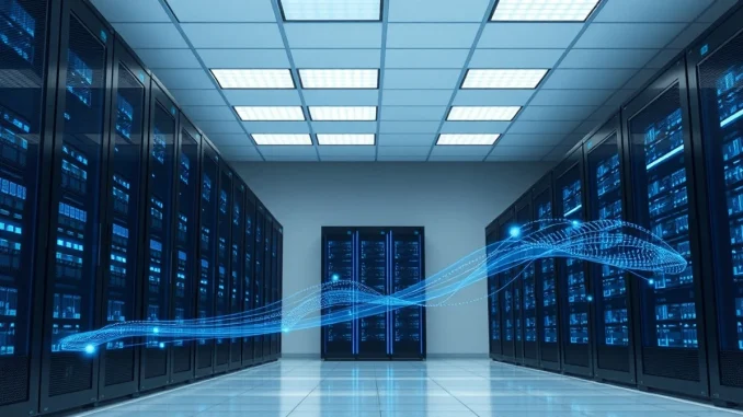 Data center server room with AI bot traffic streams representing Cloudflare CEO's prediction about web dominance