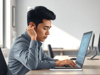 Office worker experiencing AI brain fry with mental strain at desk