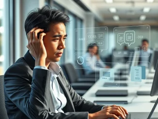 Professional experiencing AI brain fry with multiple AI interfaces causing workplace cognitive overload