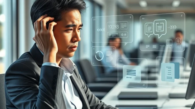 Professional experiencing AI brain fry with multiple AI interfaces causing workplace cognitive overload