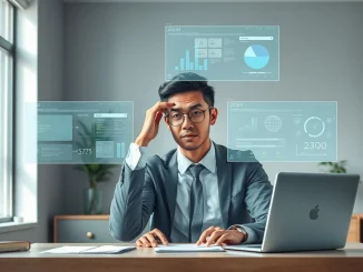 Professional worker experiencing AI brain fry cognitive strain with multiple AI interfaces in modern office