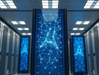 AI crypto ecosystem development shown through a server rack with neural network patterns in a data center.