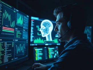 Cybersecurity analyst monitoring AI crypto scam detection systems in a security operations center.