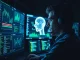 Cybersecurity analyst monitoring AI crypto scam detection systems in a security operations center.