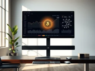 AI crypto trading analysis displayed on a professional trading desk monitor with data charts and neural network visualization.