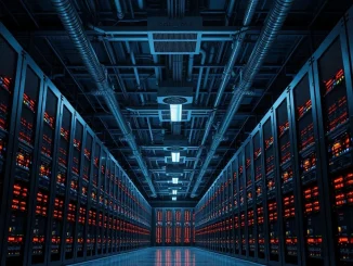 Interior of a modern AI data center with rows of server racks.
