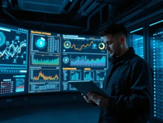 Data center control room monitoring blockchain and AI energy infrastructure.