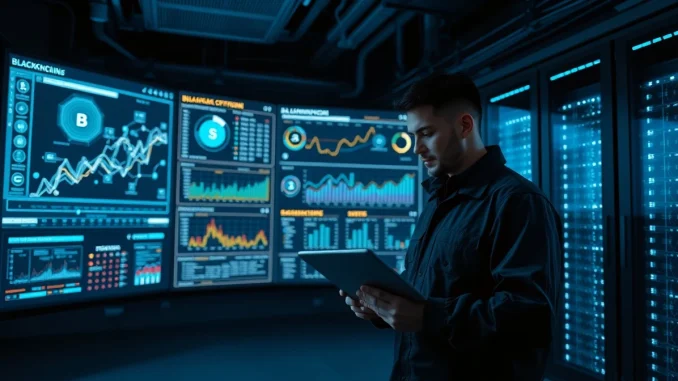 Data center control room monitoring blockchain and AI energy infrastructure.
