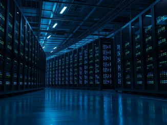 AI data center server racks with lights representing industry infrastructure demands in 2026.