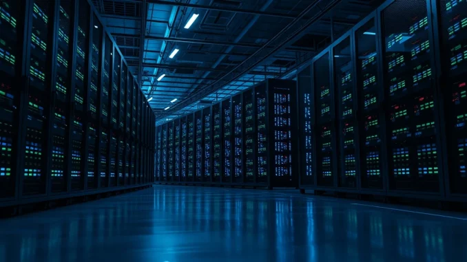 AI data center server racks with lights representing industry infrastructure demands in 2026.