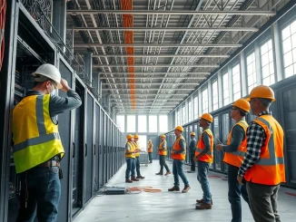 Construction workers building AI data center infrastructure as described by Nvidia CEO Jensen Huang.