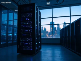 AI scaling risks illustrated by energy-intensive data center server racks with glowing lights