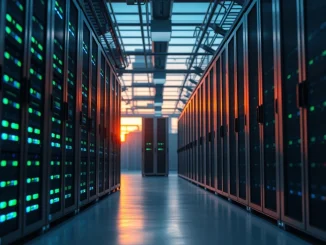 Modern data center server rack illustrating the massive infrastructure behind AI scaling and its growing energy consumption risks.