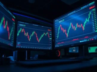 Cryptocurrency price charts showing market volatility on trading desk monitors.
