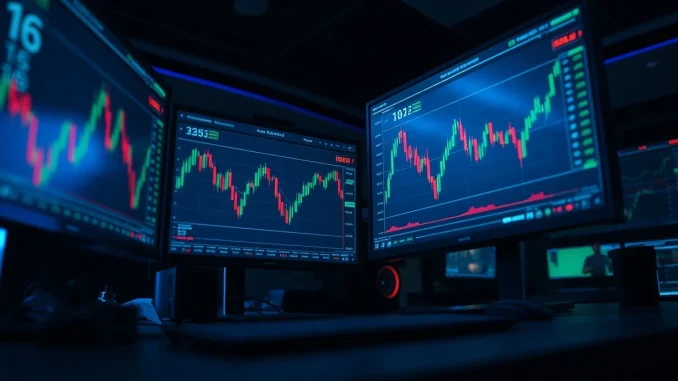 Cryptocurrency price charts showing market volatility on trading desk monitors.