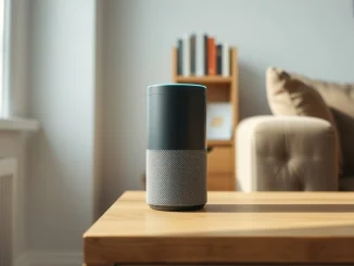 Amazon Echo device representing the launch of the Alexa+ AI assistant in the United Kingdom.