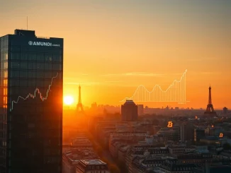 Amundi headquarters with Bitcoin symbol reflecting institutional investment in MicroStrategy for Bitcoin exposure.