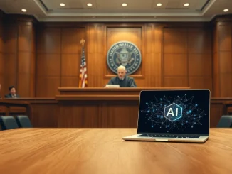 Federal courtroom scene showing judge reviewing documents in Anthropic AI case against Trump administration