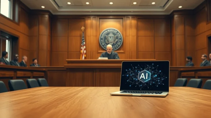 Federal courtroom scene showing judge reviewing documents in Anthropic AI case against Trump administration