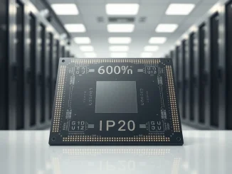 Arm AGI CPU semiconductor wafer representing Arm's first in-house chip design for AI data centers.