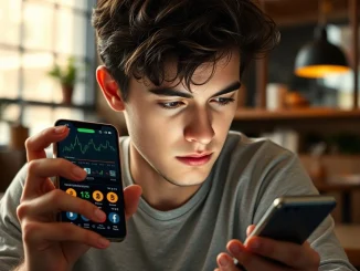 Young Australian investor checks phone as ASIC warns about crypto finfluencers and AI advice.