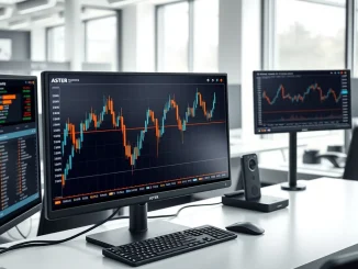 ASTER cryptocurrency technical analysis showing narrowing Bollinger Bands signaling potential breakout on trading desk monitors