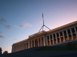 Australian Parliament building with digital finance overlay representing crypto licensing bill.
